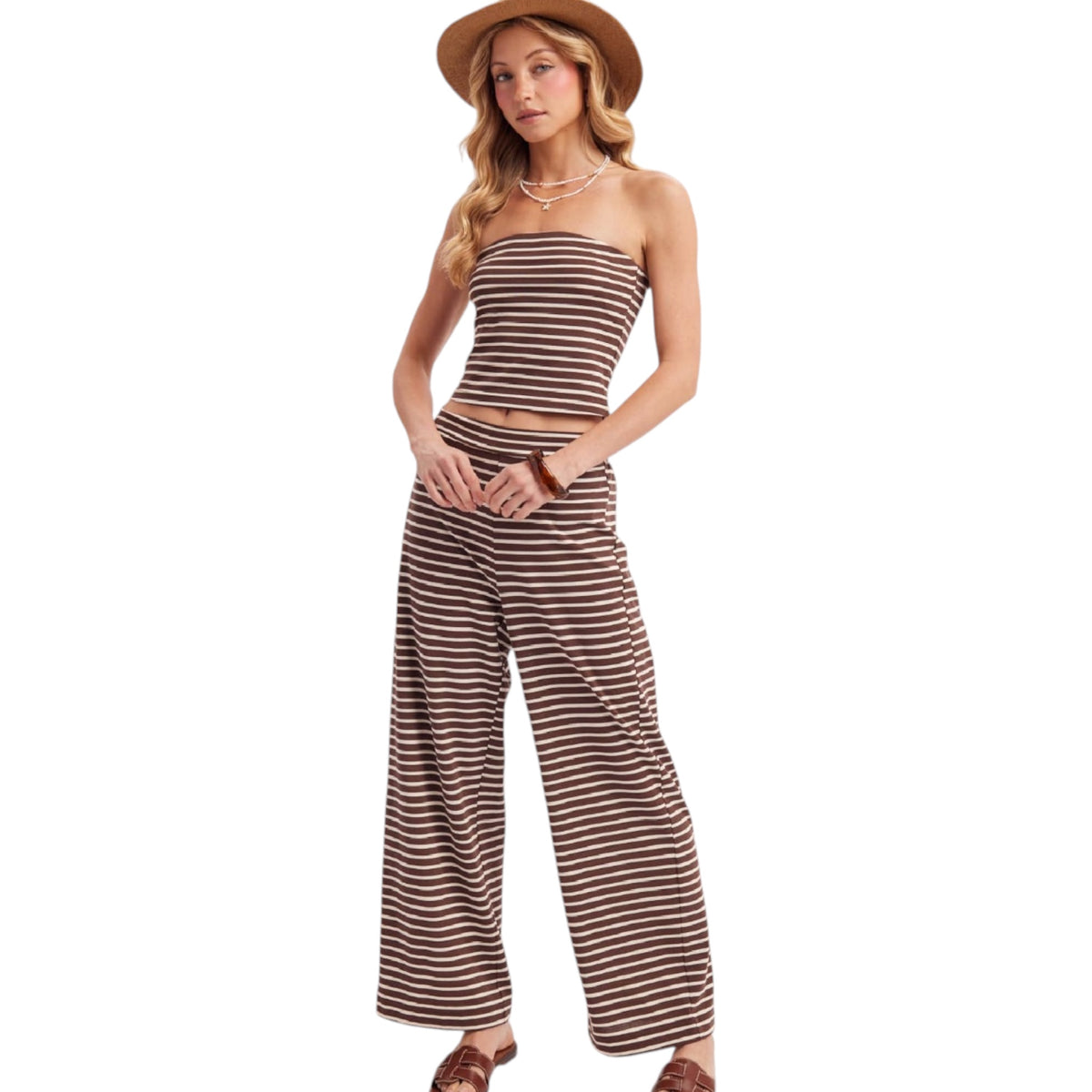 Mocha Striped Knit Tube Top and Pant Set