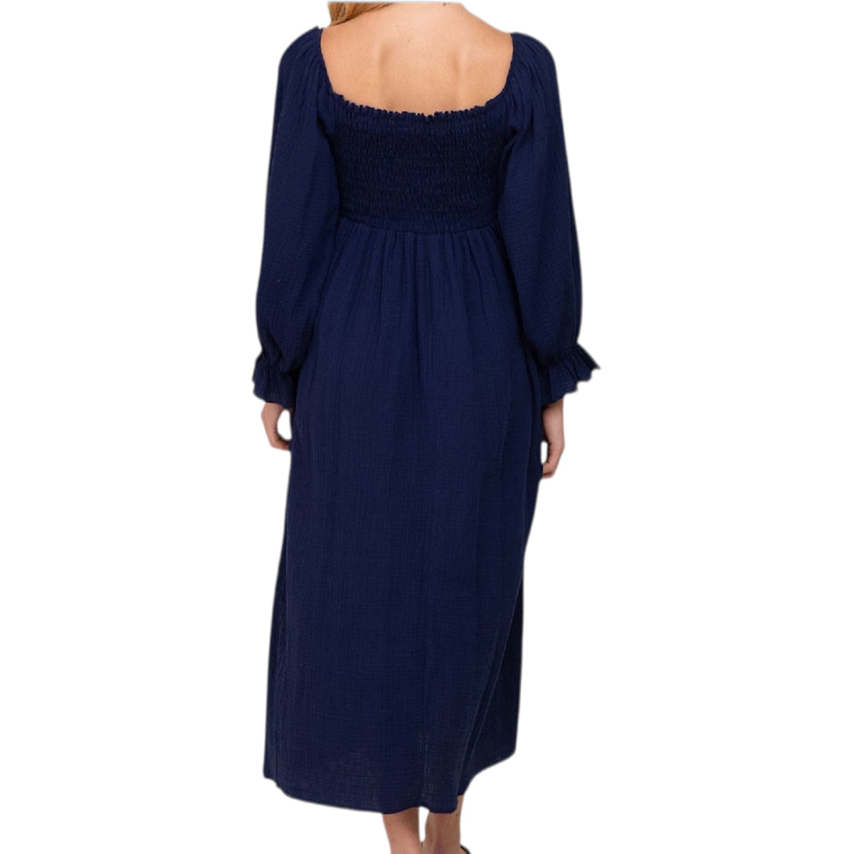 Navy Gauze Solid Smocking Off Shoulder Maxi Dress