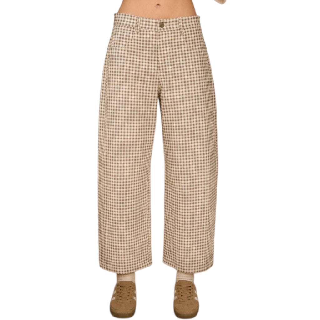 Taupe Gingham Barrel Pants  GINGHAM BARREL PANTS