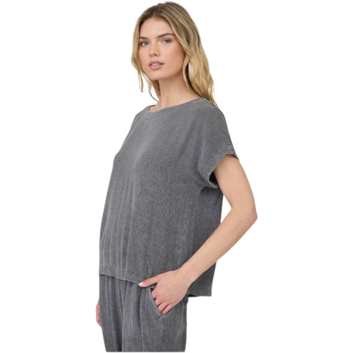 Charcoal Crinkle Relaxed Short Sleeve Top