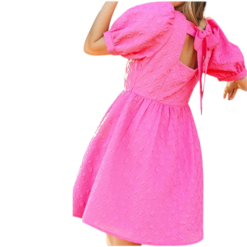 Fuchsia Mosaic Textured Short Puff Sleeve Square Neck Dress