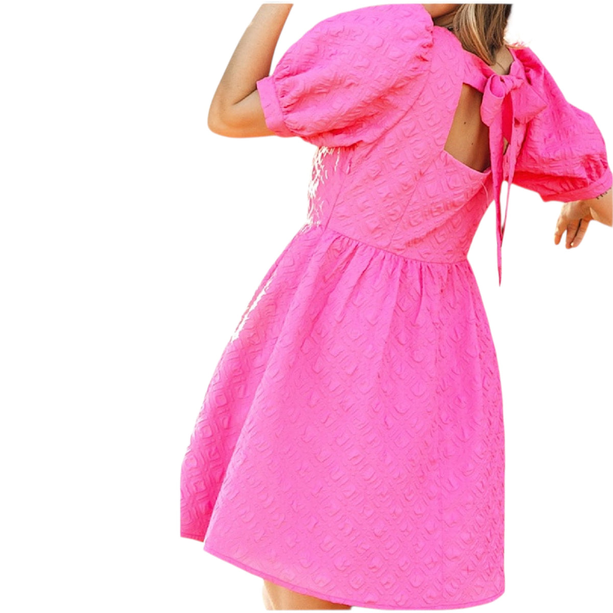 Fuchsia Mosaic Textured Short Puff Sleeve Square Neck Dress