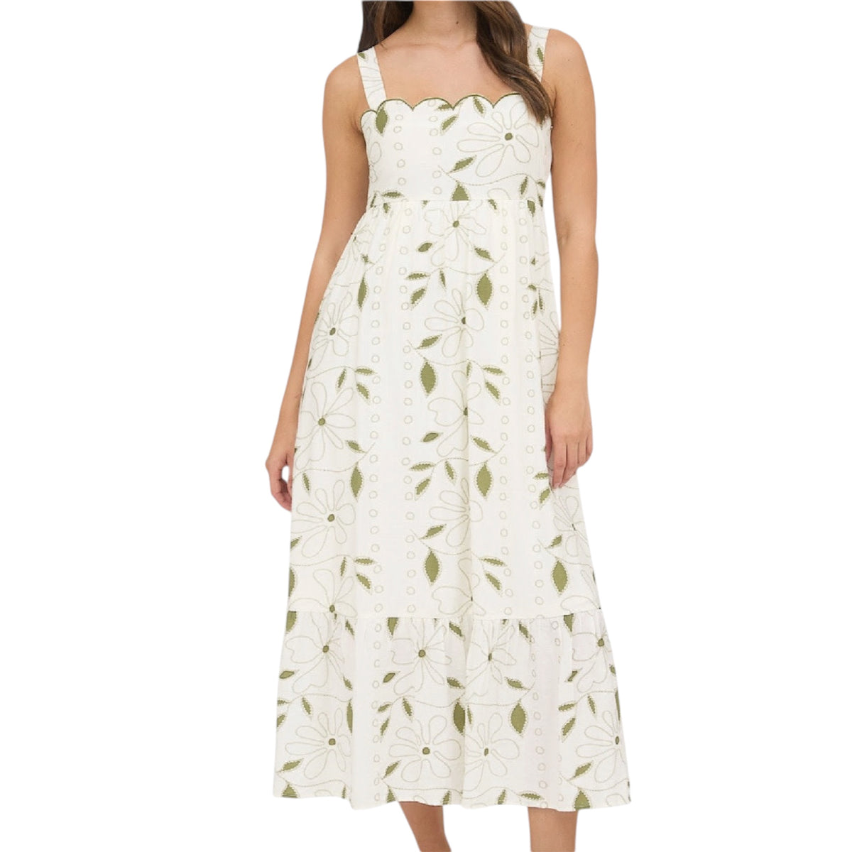 Moss Green Floral Embroidered Detail Scallop Trim Midi Dress