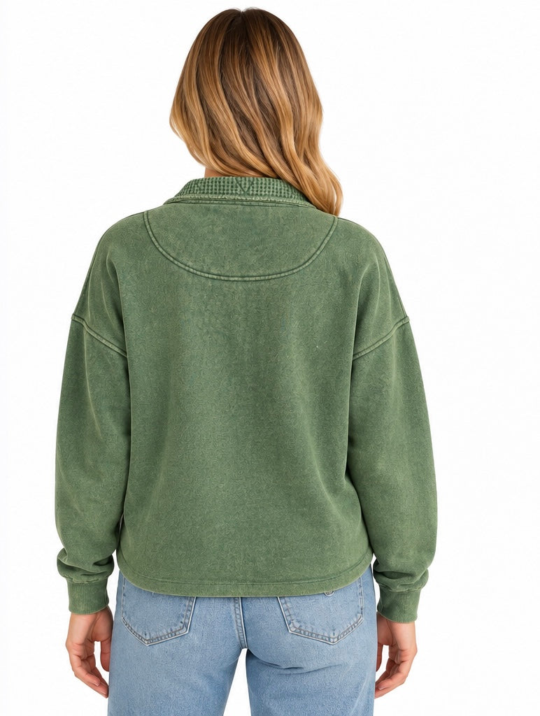 Green Mineral Wash Half Snap Pullover Sweatshirt