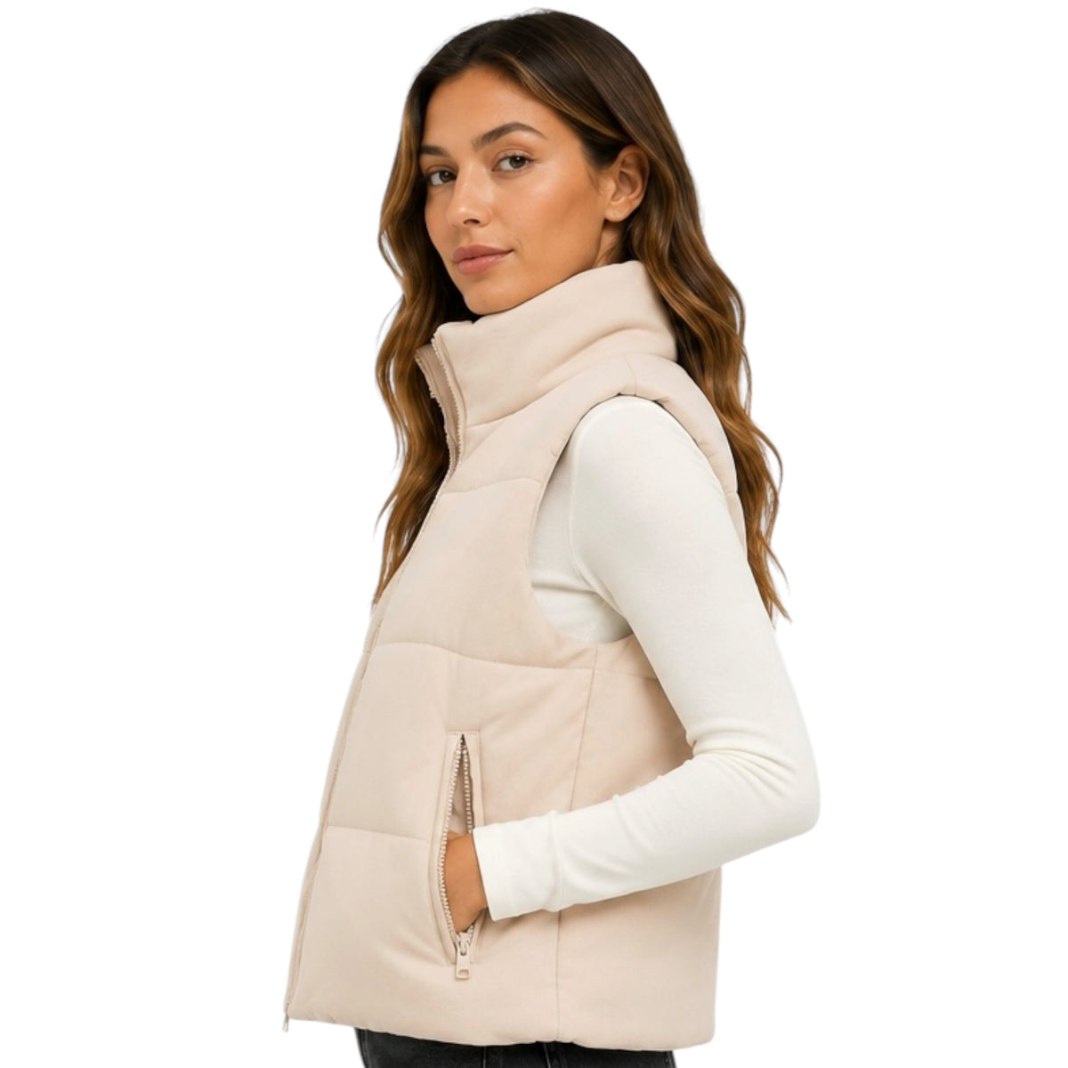 Beige Puffer Vest with Zipper