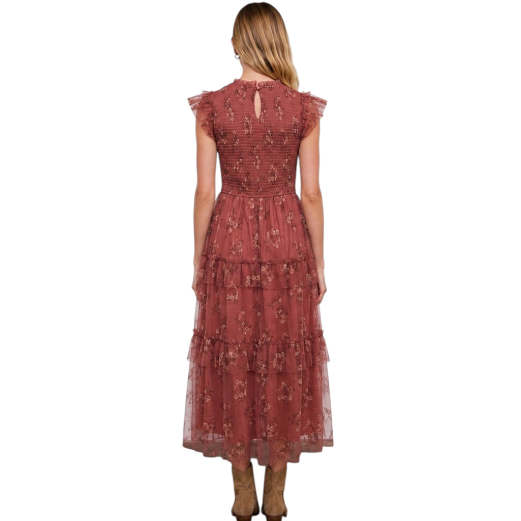 Terracotta Smocked Ruffle Tier Floral Midi Dress