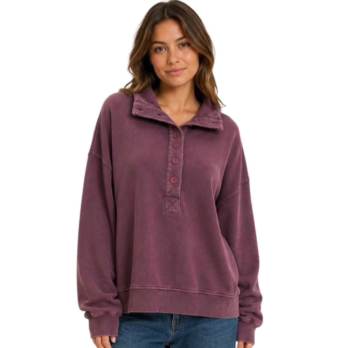 Dark Cherry Mineral Washed Button Detail Sweatshirt