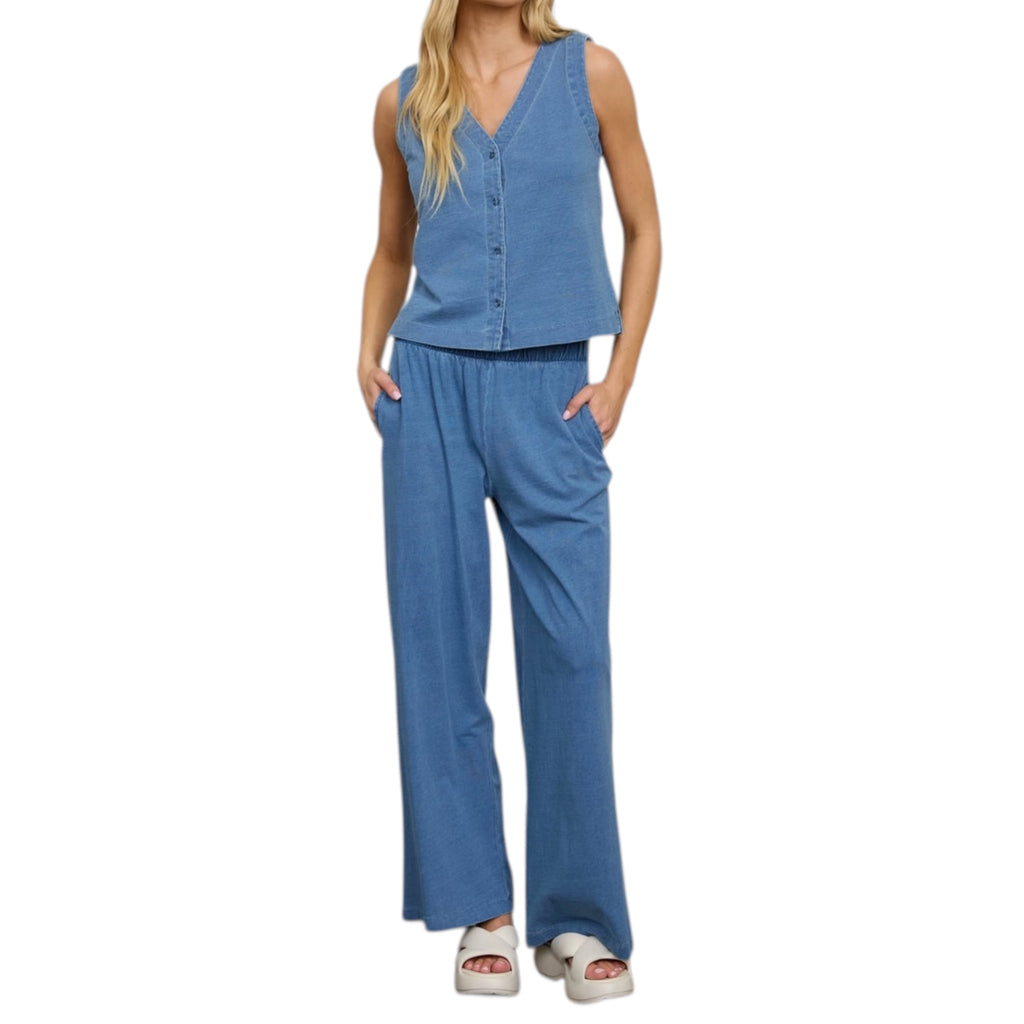 Dark Denim Knit Vest & Wide Leg Pants Set