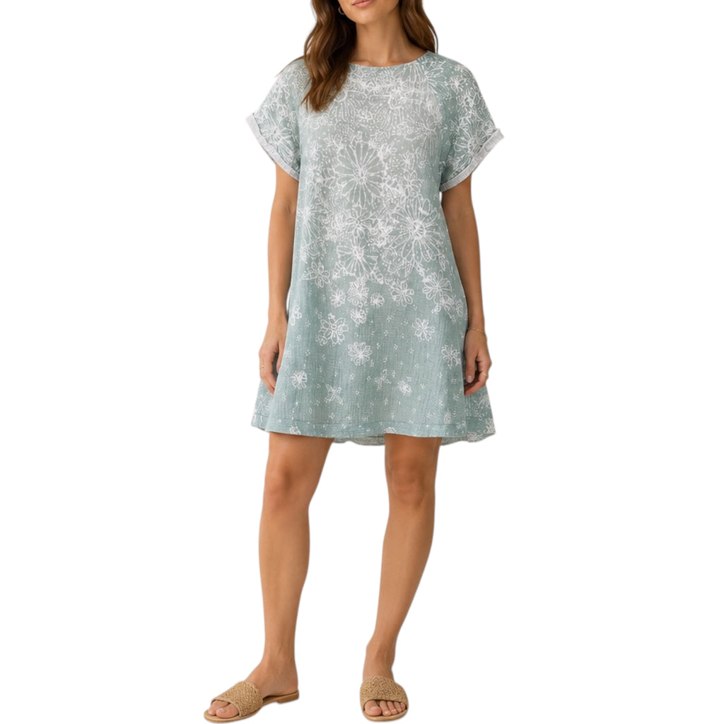Sage Printed Cotton Gauze Tunic Dress