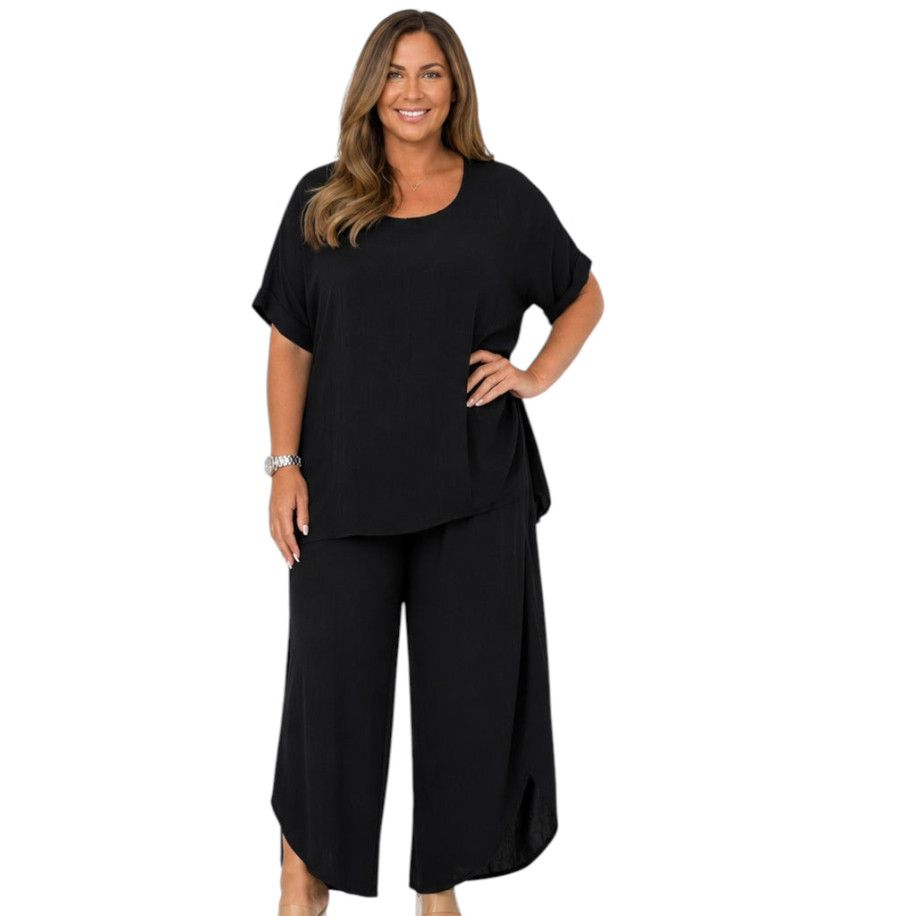 Curvy Flowy Short Sleeve Black Two Piece Pant Set