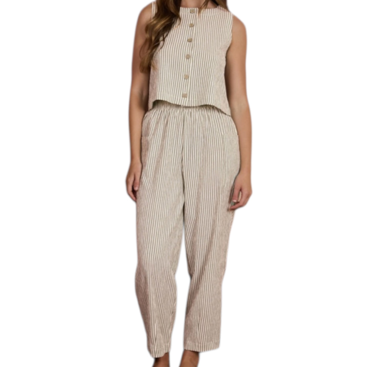 Mocha Stripe Sleeveless Button Down Top