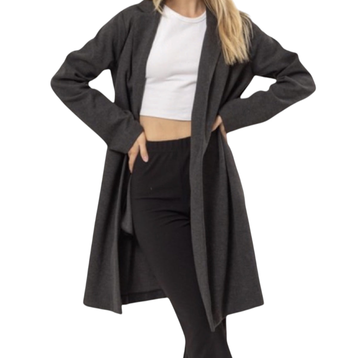 Dark Grey Open Front Long Coat
