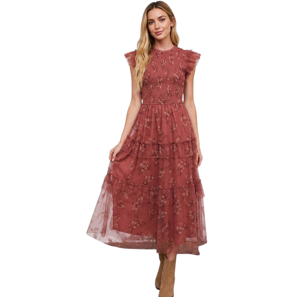 Terracotta Smocked Ruffle Tier Floral Midi Dress