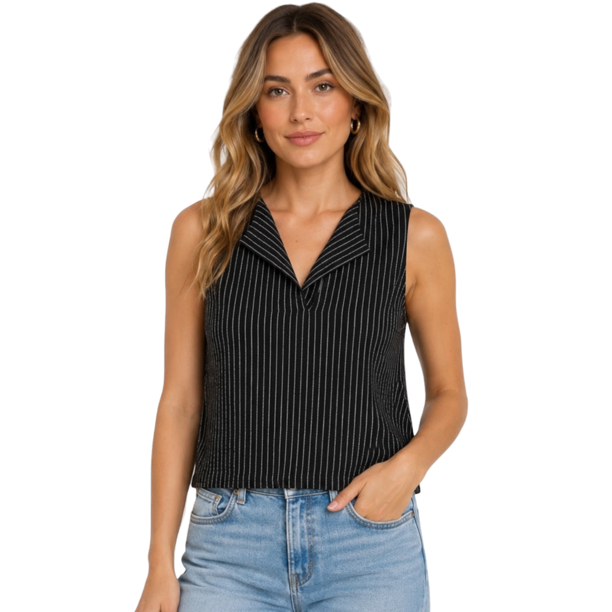 Black/White Stripe Linen Blend Tank with Split Lapel