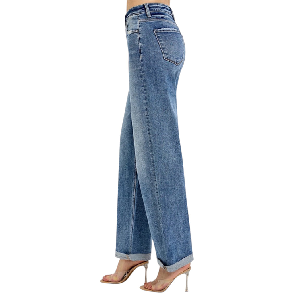 RISEN RDP5983 Medium Wash High- Rise Wide Baggy Jeans