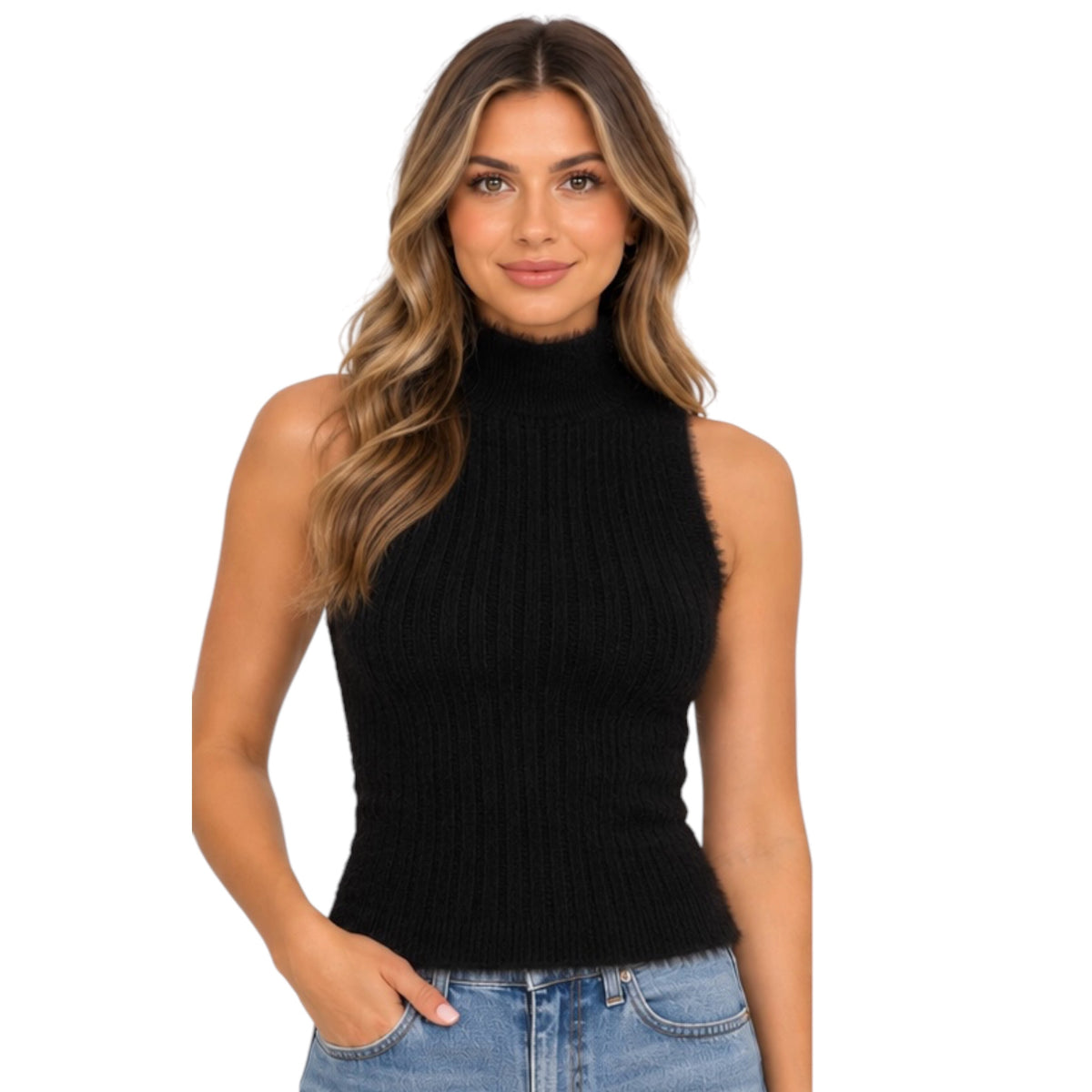 Black High Neck Ribbed Fuzzy Sleeveless Top 
