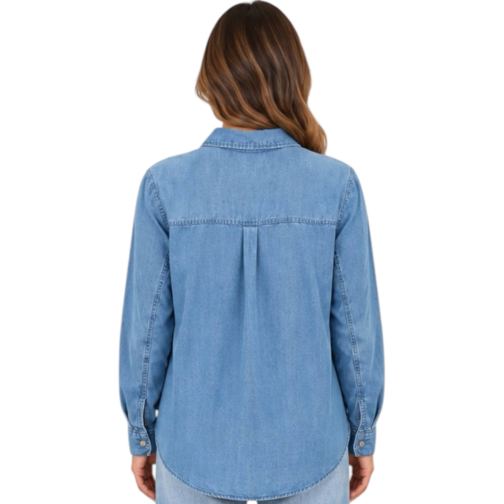 Medium Wash Denim Oversized  Tencel Button Up