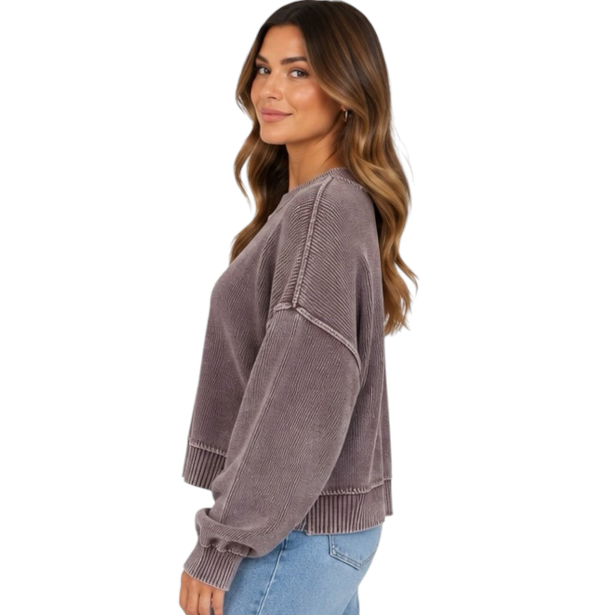 Plum Washed Mock Neck Long Sleeve Knit Pullover Sweater