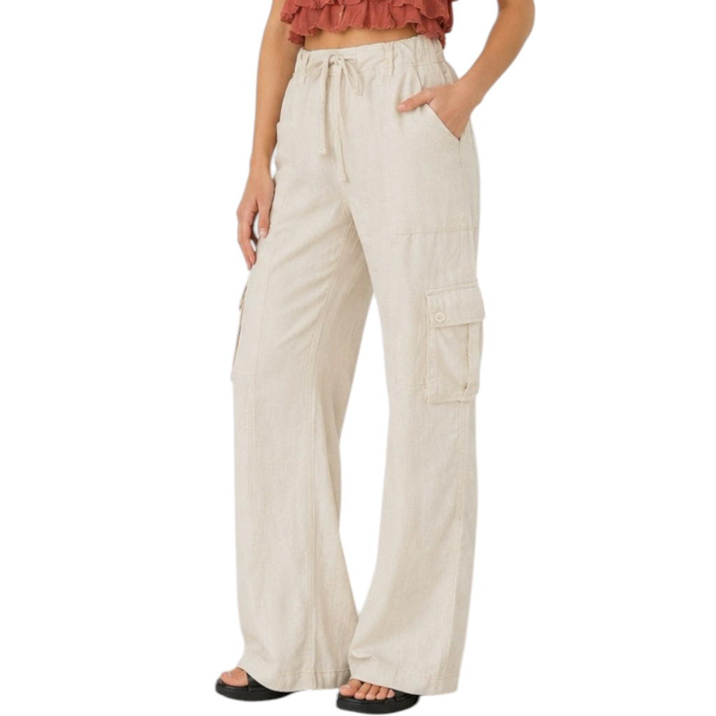 RISEN RDNP8049 Taupe High Rise Linen Wide Cargo Pants