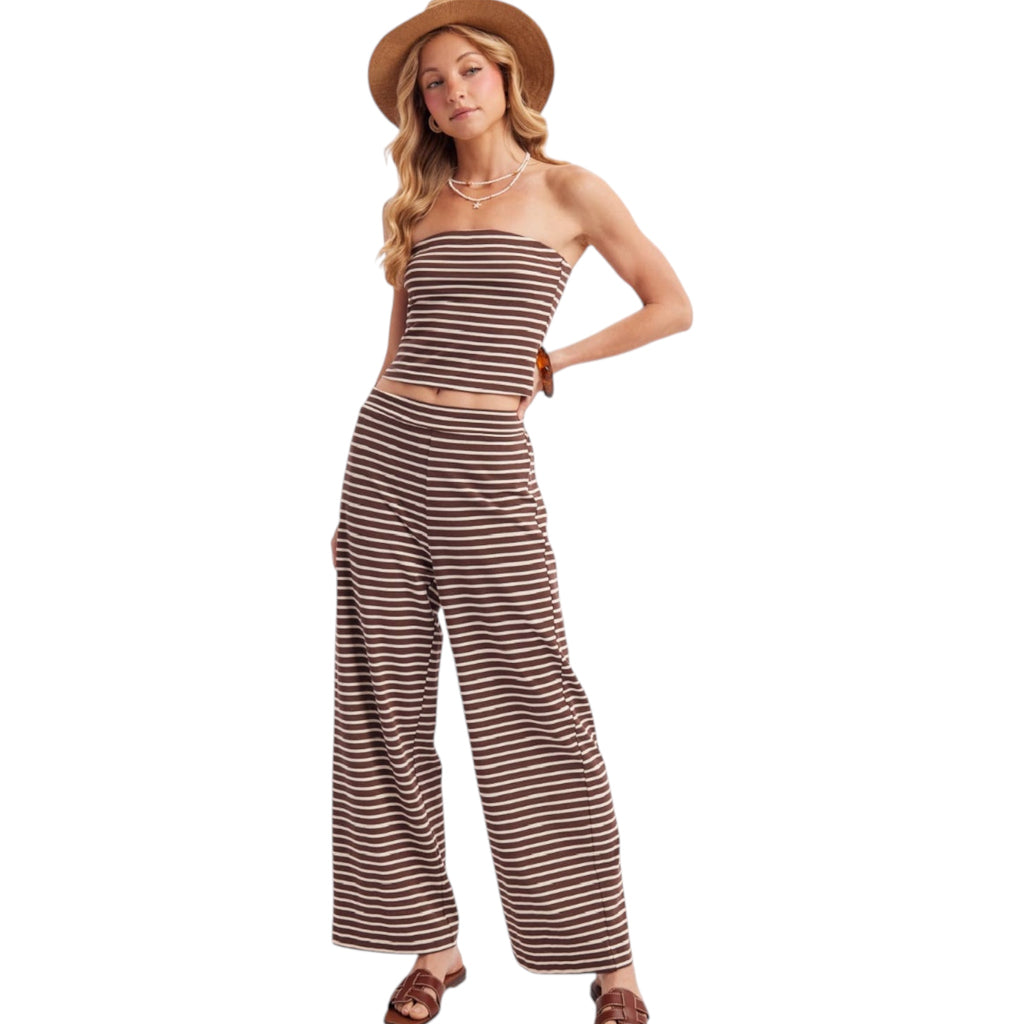Mocha Striped Knit Tube Top and Pant Set