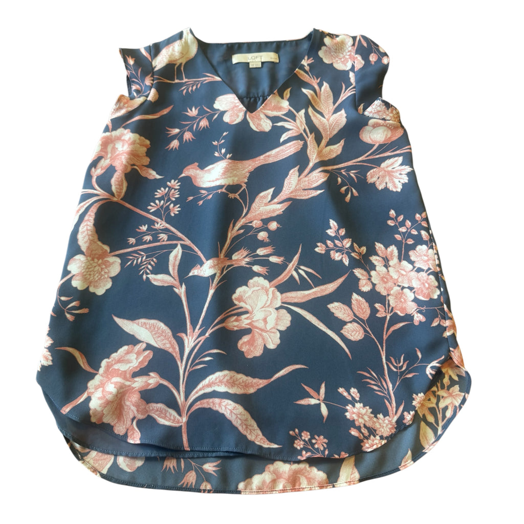 LOFT Slate Blue Sleeveless Floral Blouse Size XXS - RF