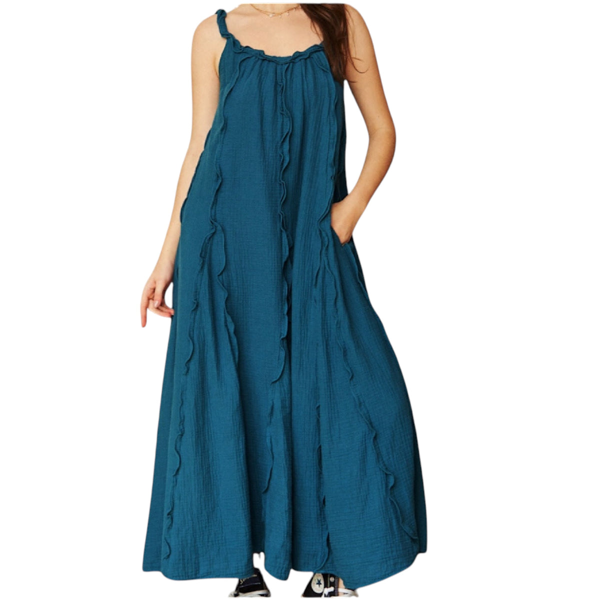 Teal Green Reverse Seam Ruffle Detail Midi Dress