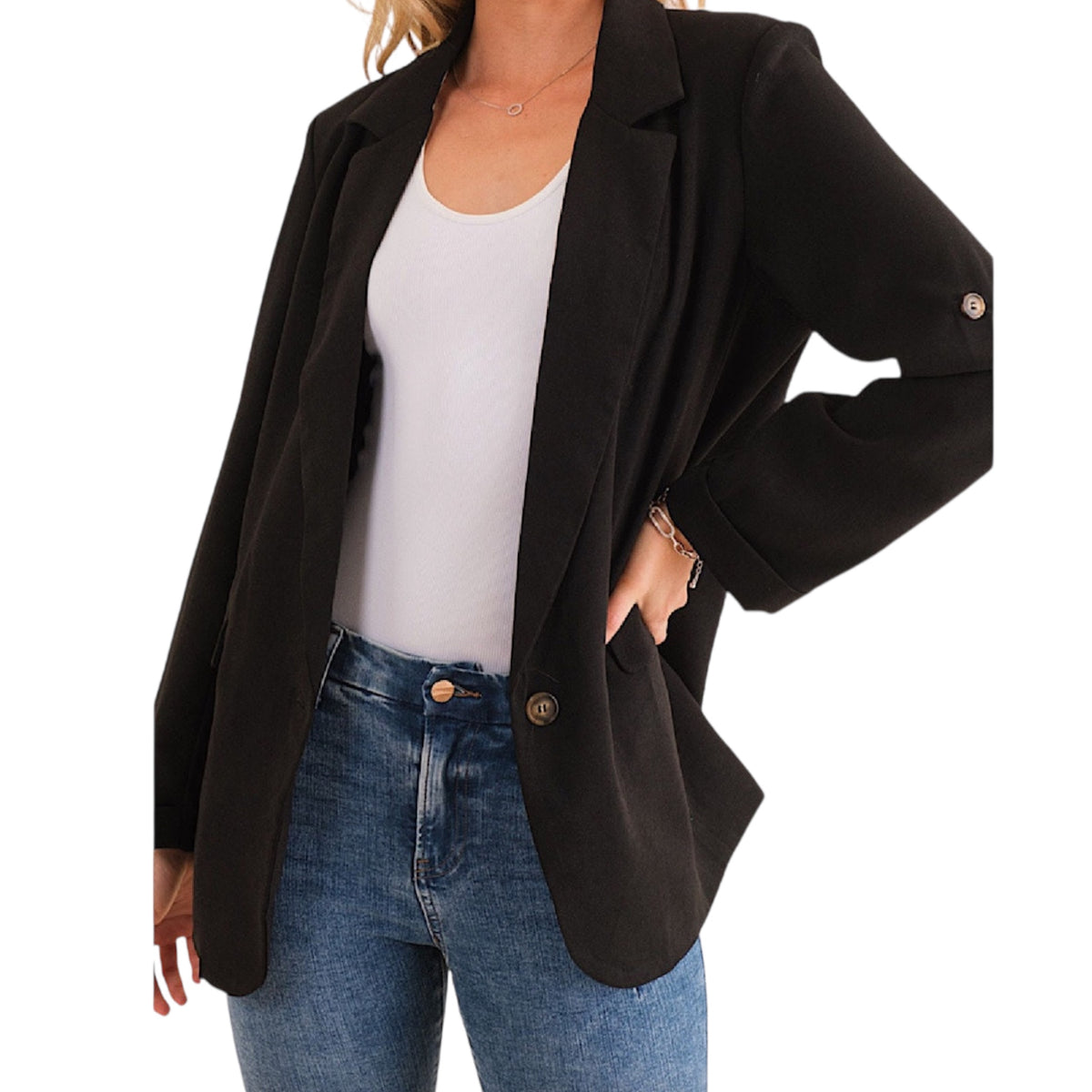 Black Blazer with Fold Up Sleeve Detail