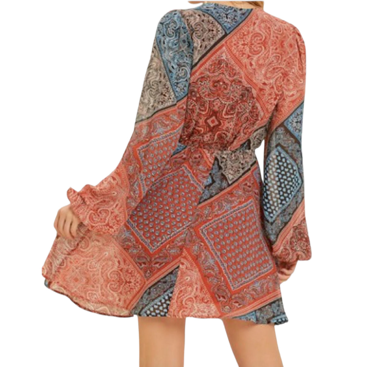 Black Multi Scarf Printed Chiffon Wrap Dress with Balloon Sleeves