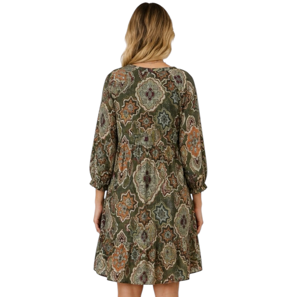 Olive Mix Boho Medallion Print Tiered Dress