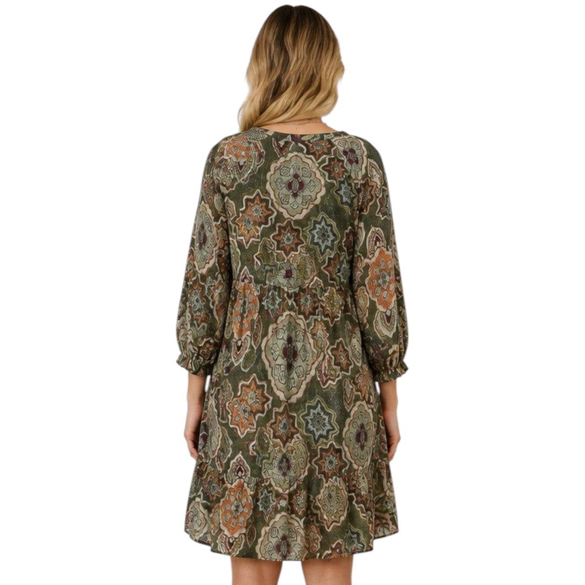 Olive Mix Boho Medallion Print Tiered Dress