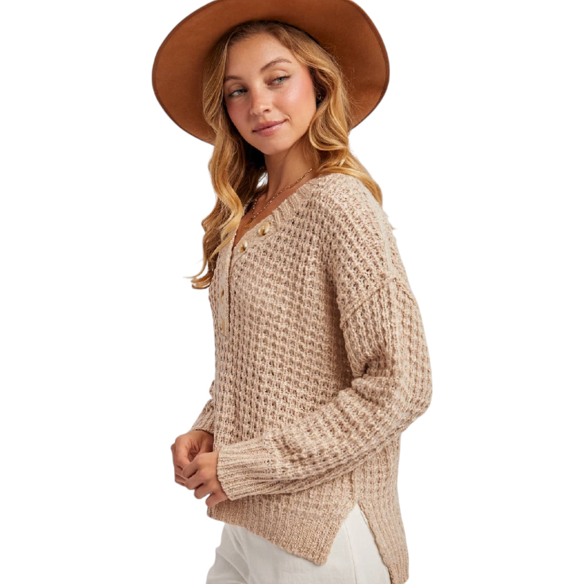 Beige Thermal Henley Sweater Top