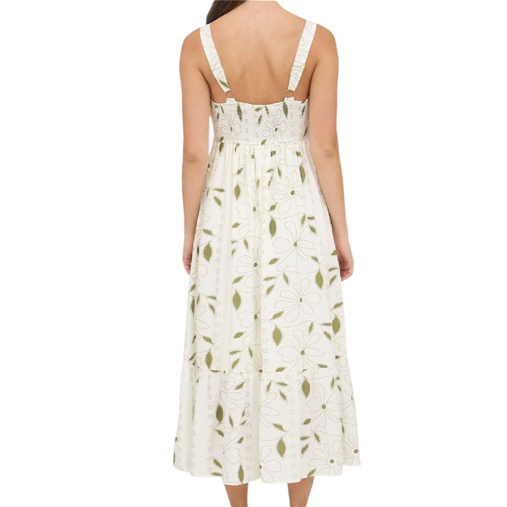 Moss Green Floral Embroidered Detail Scallop Trim Midi Dress