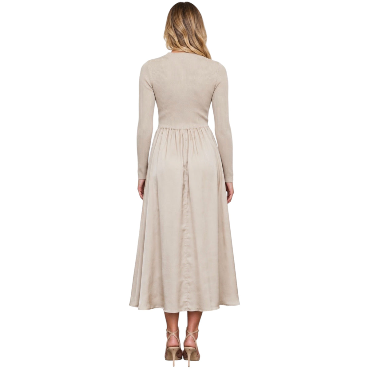 Light Taupe Ribbed Mock Neck Satin Midi Dress