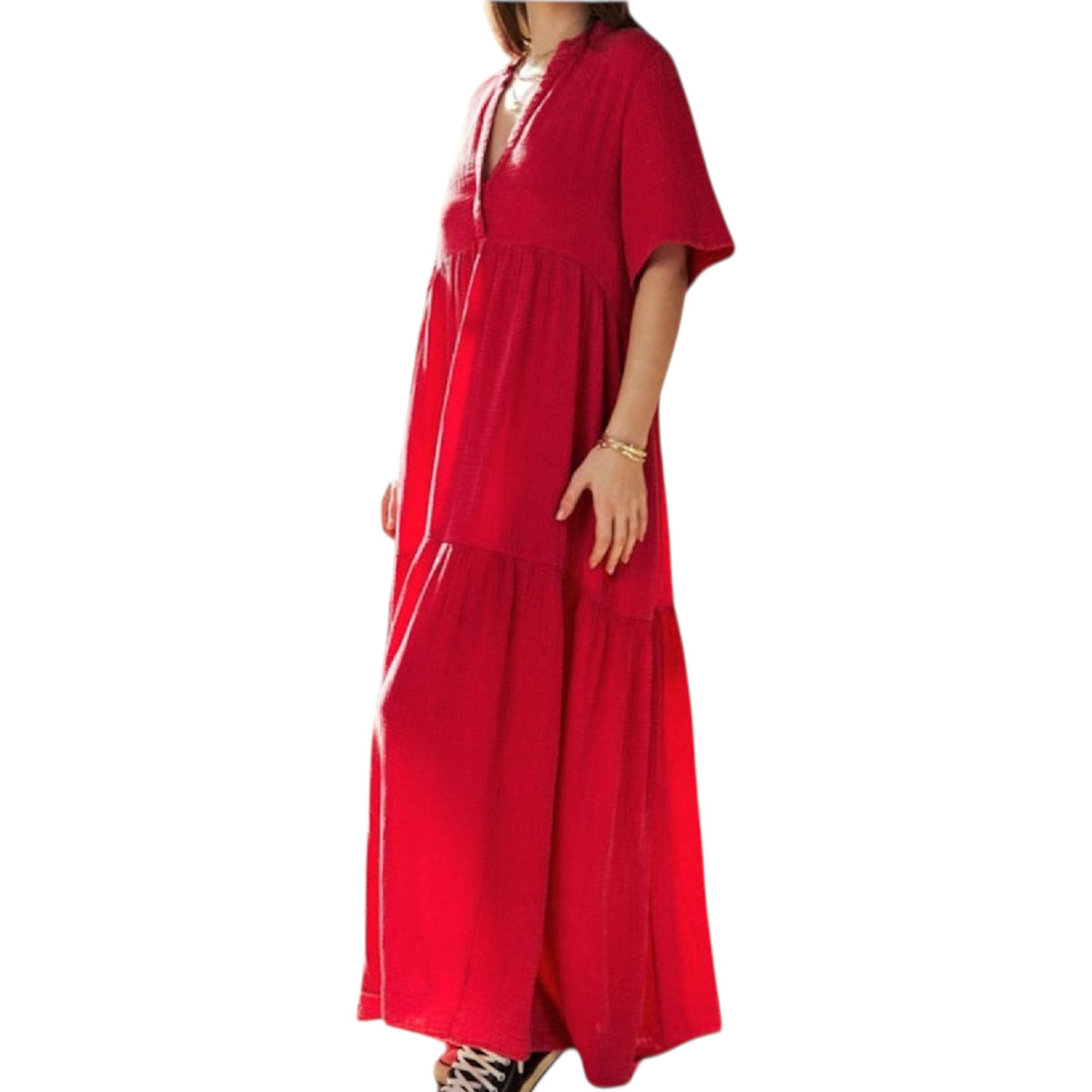 Cherry Red Garment Washed Flowy Short Sleeve Maxi Dress
