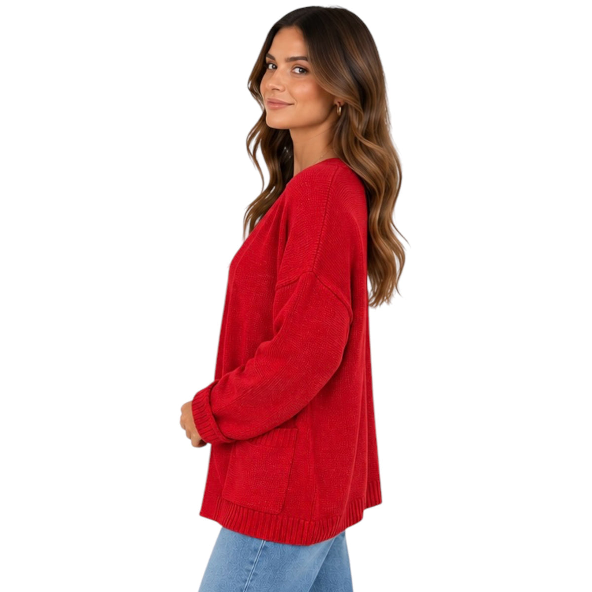 Red Oversized Open Front Cardigan Sweater With Pockets
