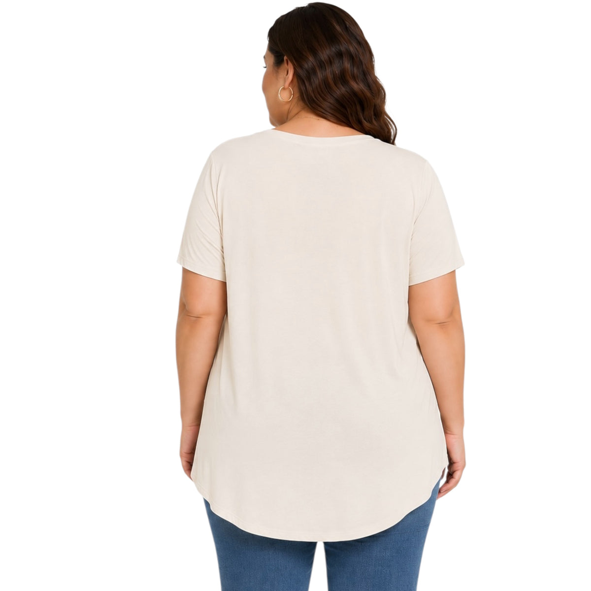 Plus Beige Rayon Short Sleeve V-Neck Top