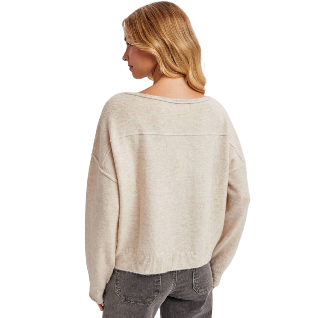 Oatmeal Boat Neck Rolled Trim Pullover