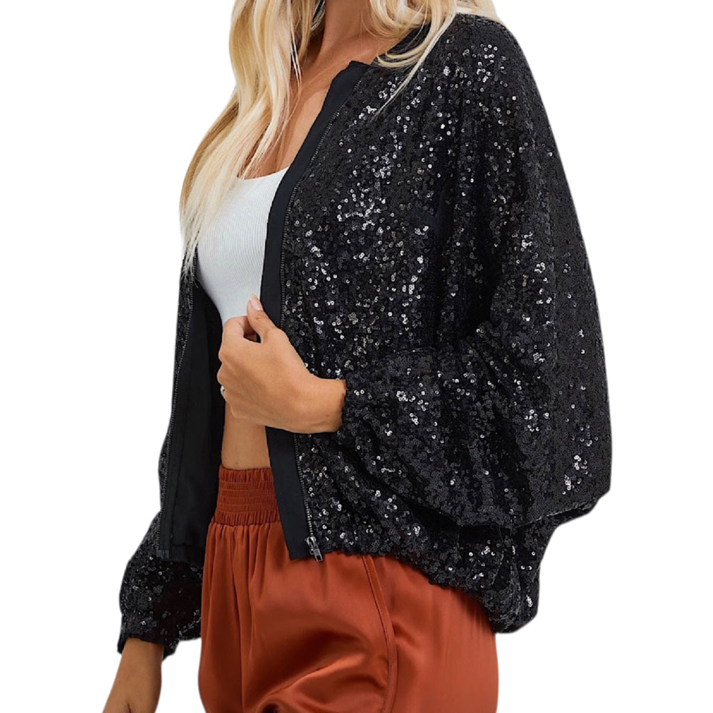 Black Sequin Bomber Jacket