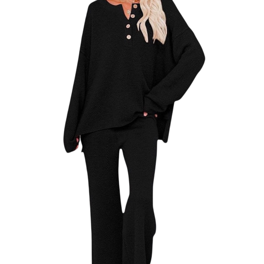 Black Henley Waffle Knit Lounge Set