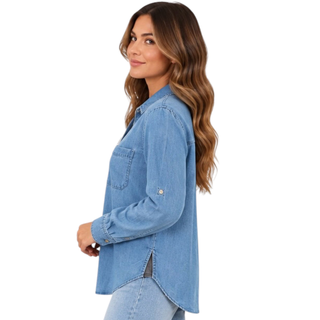 Medium Wash Denim Oversized  Tencel Button Up