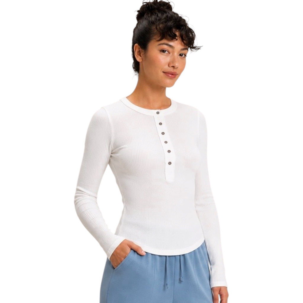 White Henley Ribbed Long Sleeve Top