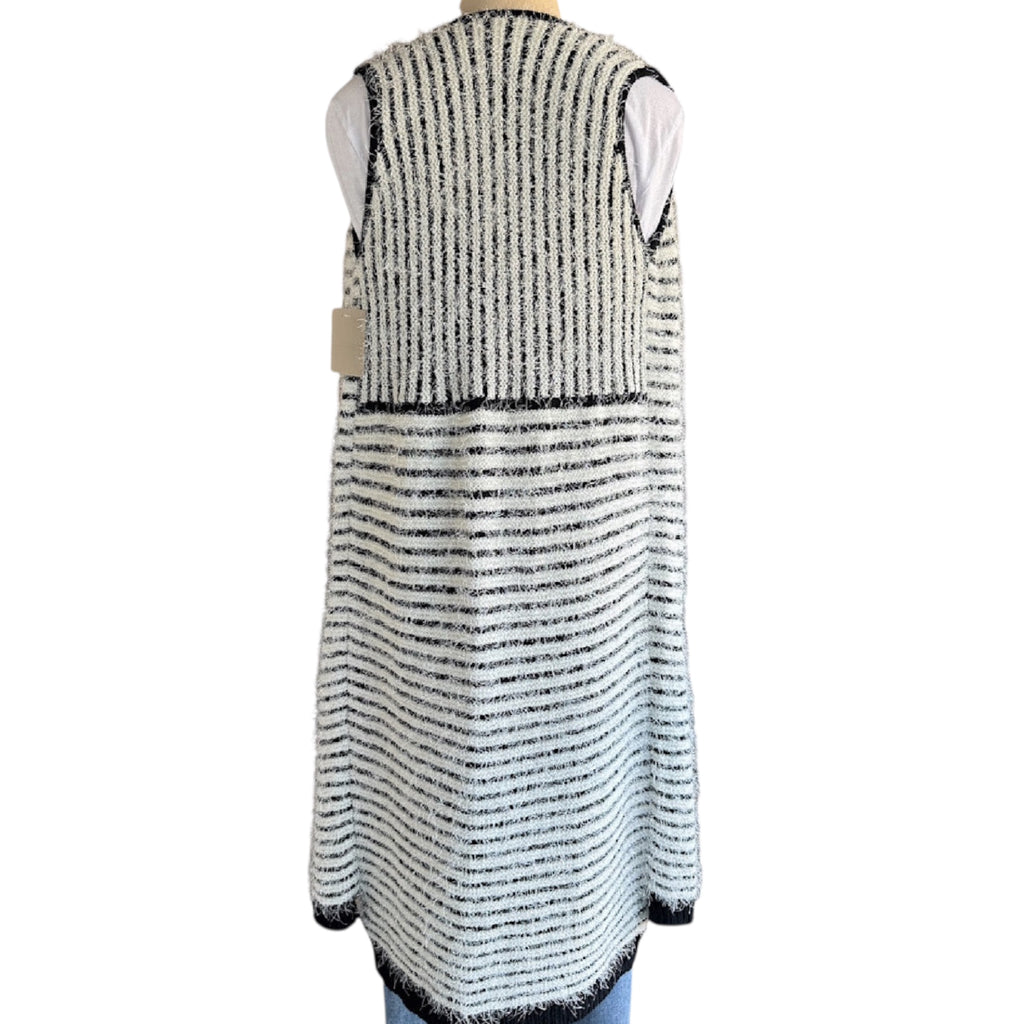 POL Black & White Striped Sleeveless Cardigan Size Medium-RF