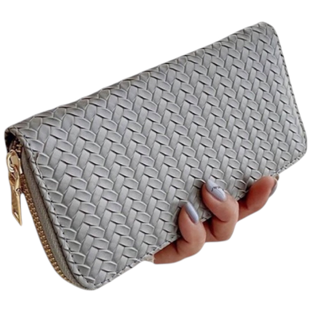 Grey Vegan Leather Woven Weave Long Wallet