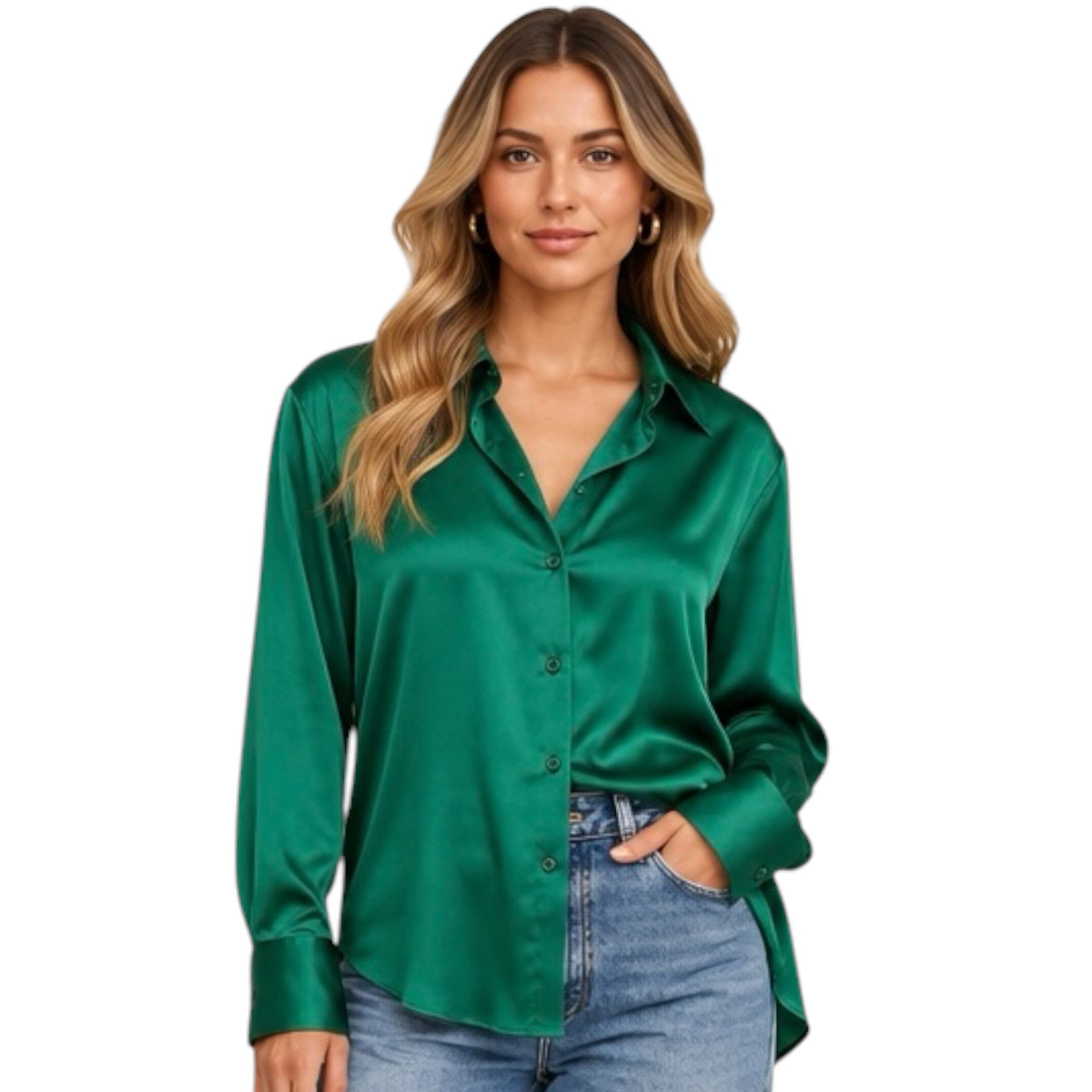 Sea Green Silky Satin Button-Down Blouse