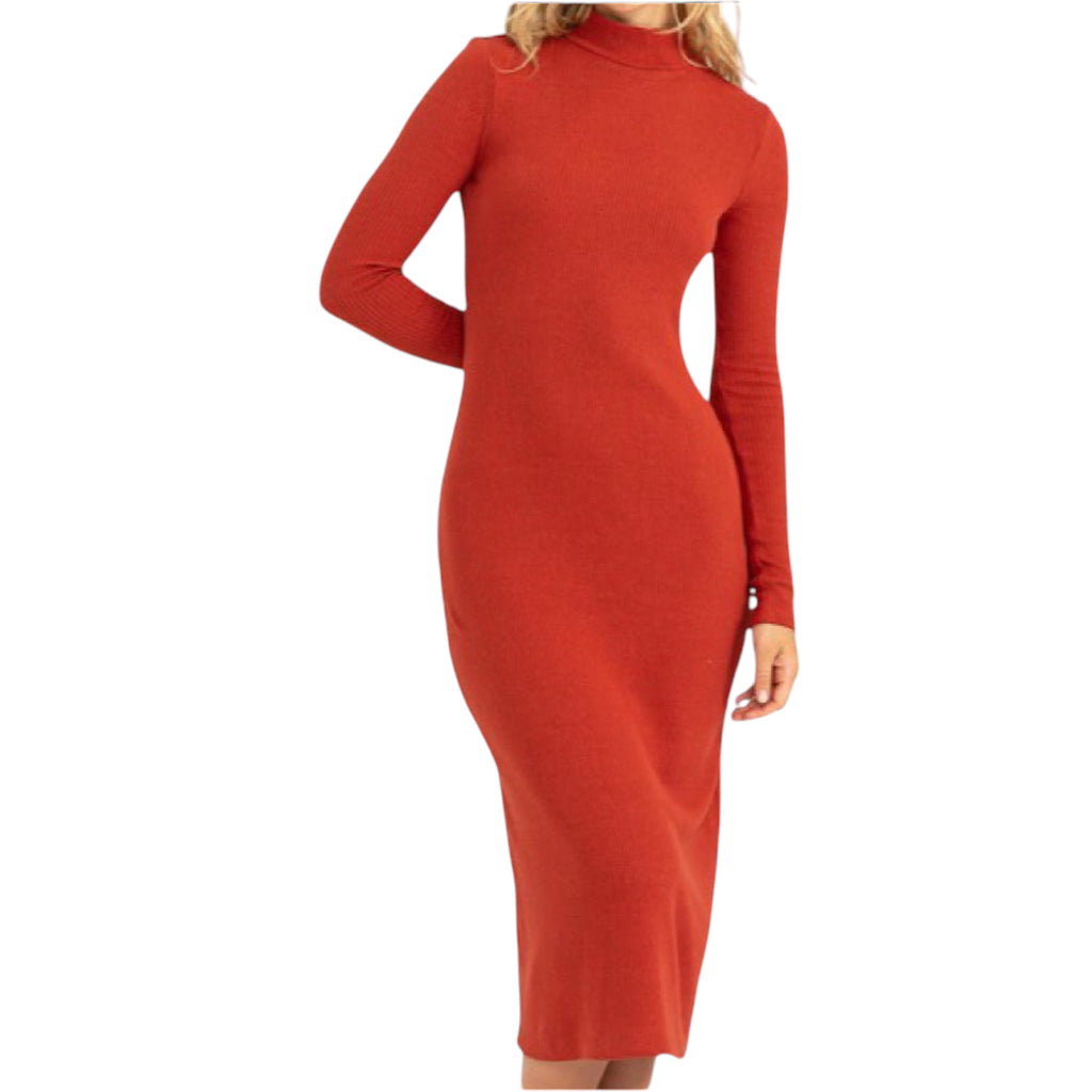 Brick Ribbed High Neck Midi Dress
