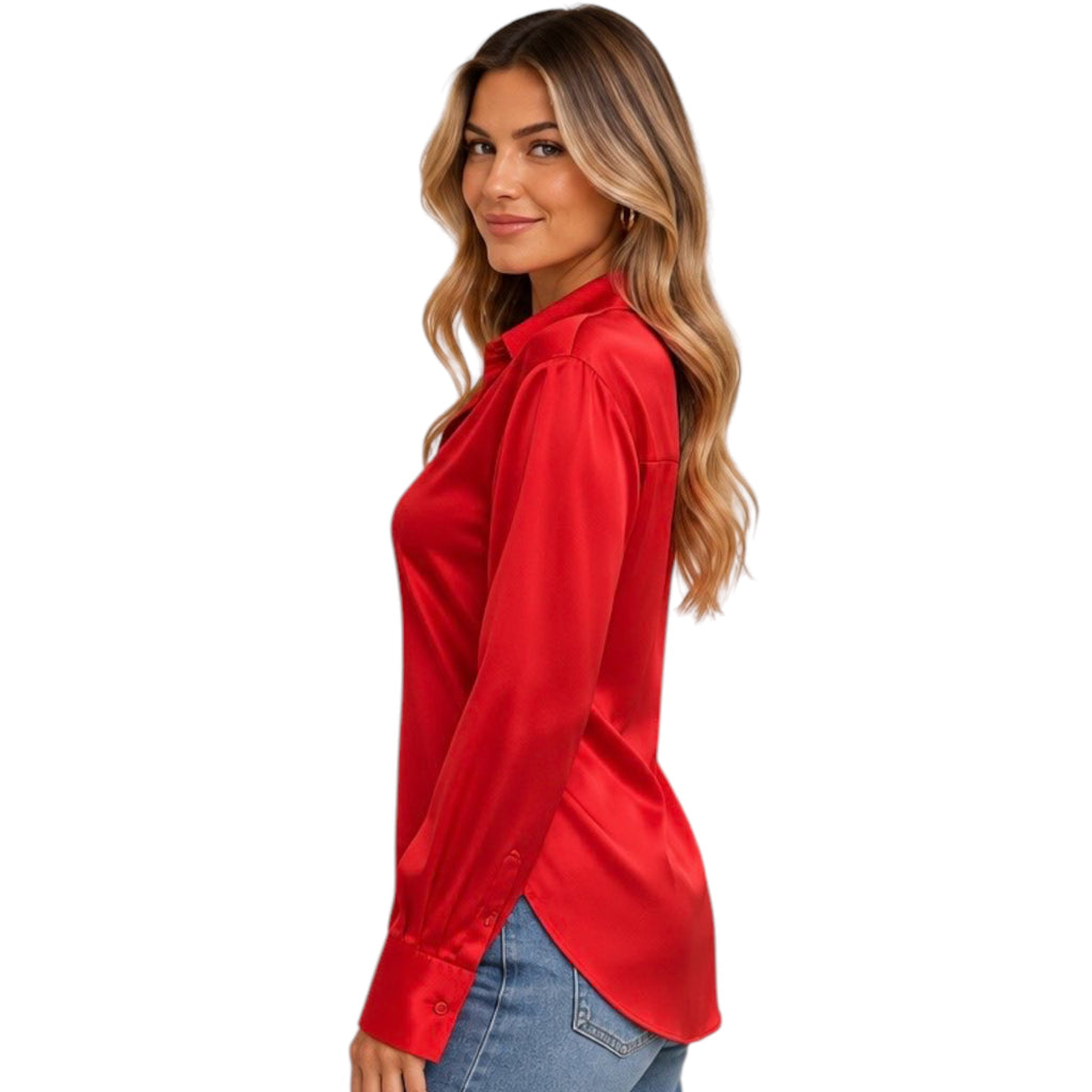 Red Silky Satin Button-Down Blouse