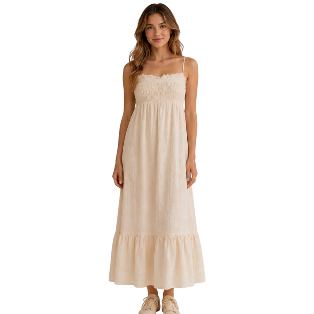 Ivory Spaghetti Strap Ruffle Maxi Dress