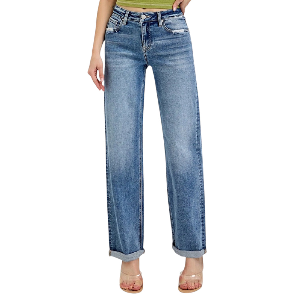 RISEN RDP5983 Medium Wash High- Rise Wide Baggy Jeans