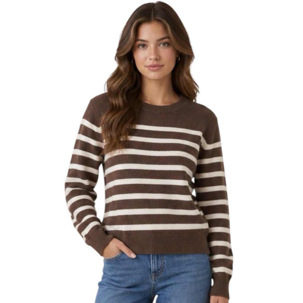 Brown/Cream Long Sleeve Crew Neck Sweater