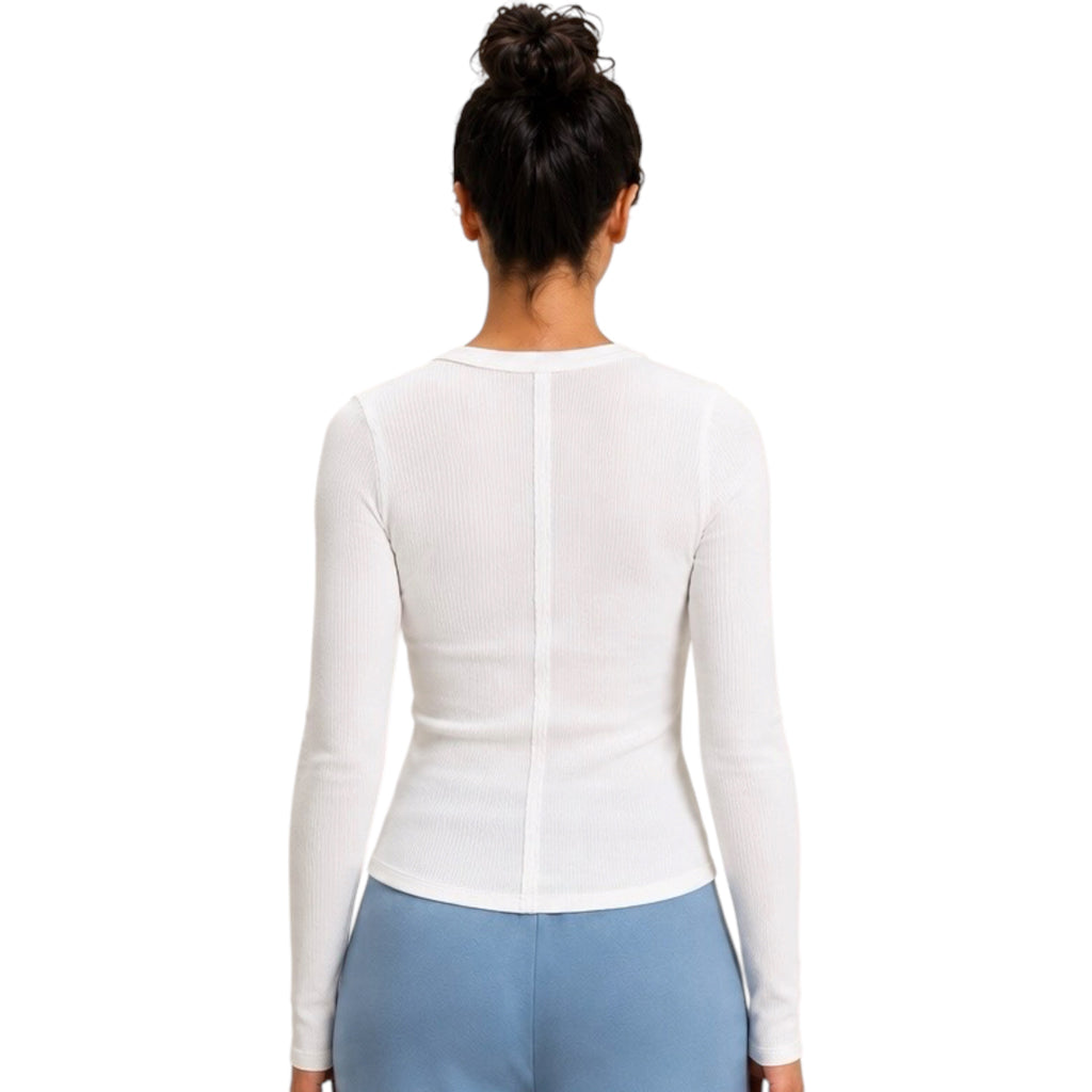 White Henley Ribbed Long Sleeve Top